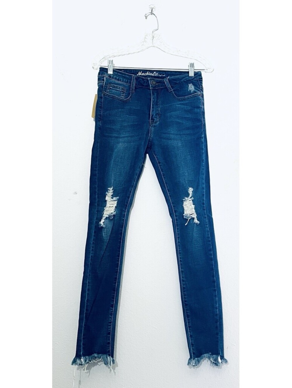 Machine Women’s Skinny Jeans 29 Blue Distressed Raw Hem Stretch Denim Frayed NWT